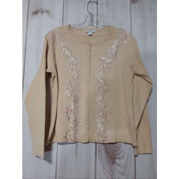 Dressbarn Sweater Ladies Small yellow Beaded Laced Light Weight Cardigan - Picture 1 of 7